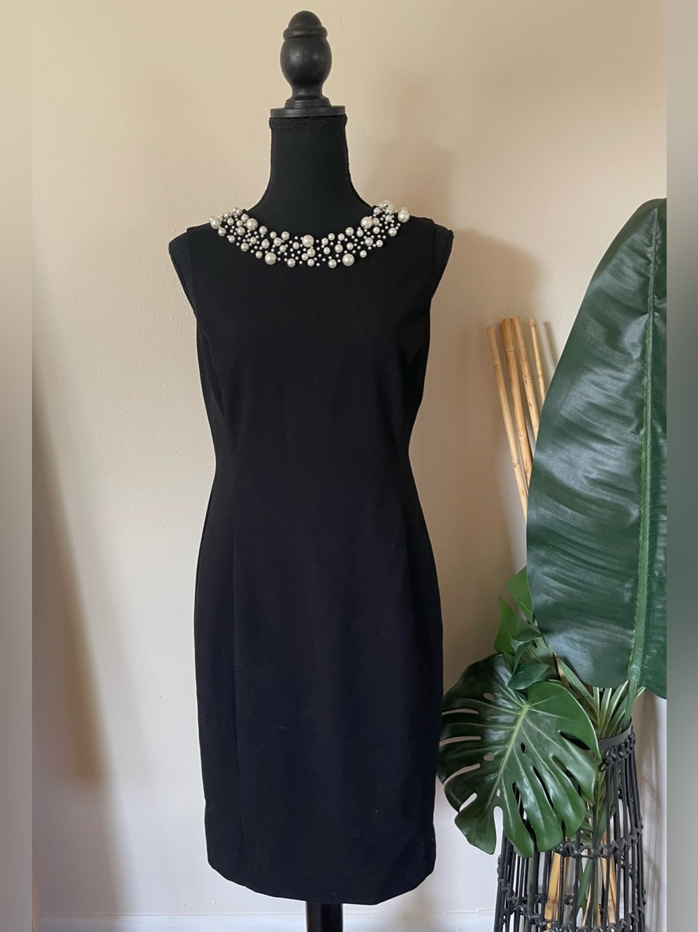 Calvin Klein Black Dress with Pearl Collar